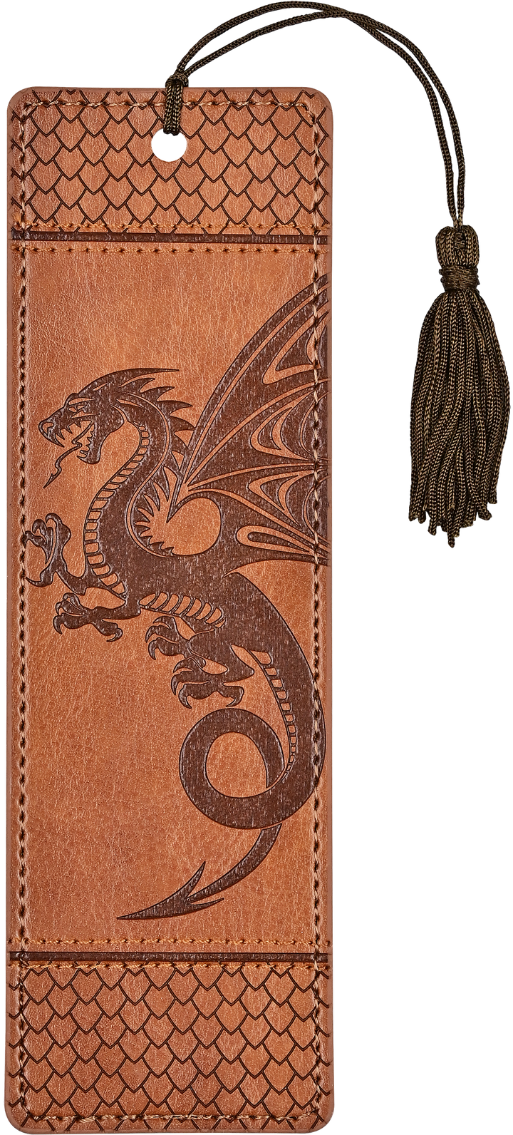 Brown leather bookmark with embossed dragon design and tassel