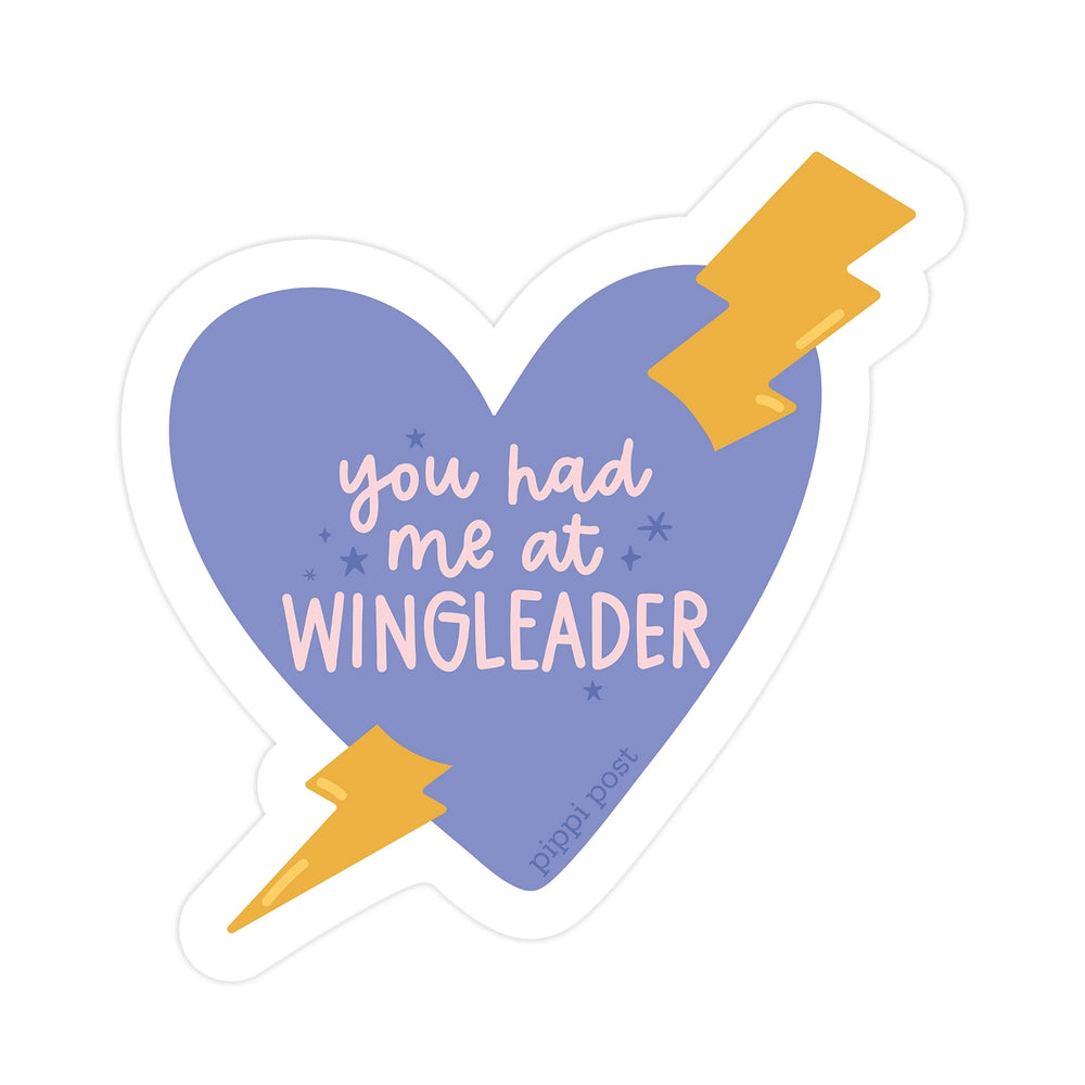 Heart-shaped sticker with 'you had me at WINGLEADER' text and lightning bolts on a white background