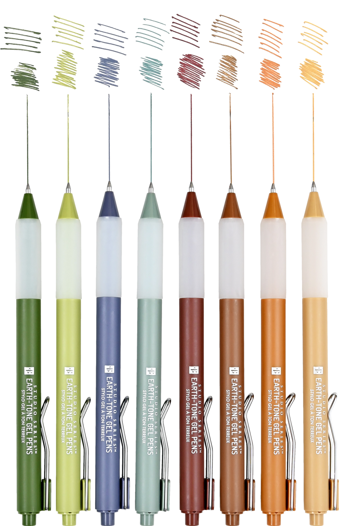 Set of colored pens with color swatches on a white background