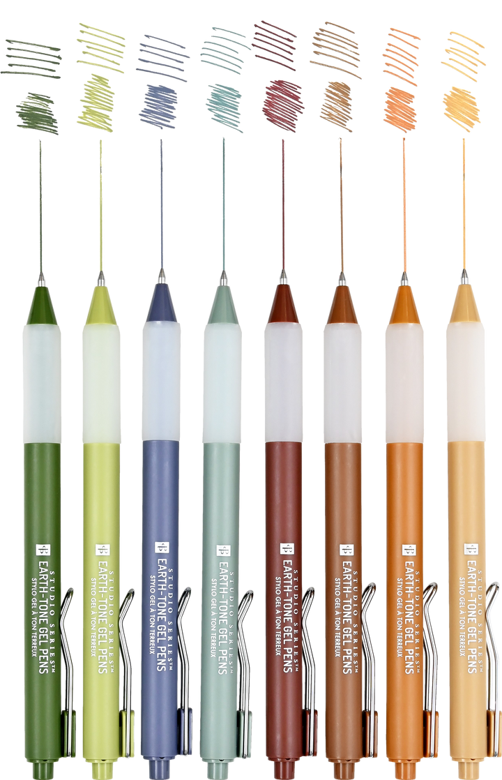 Set of colored pens with color swatches on a white background