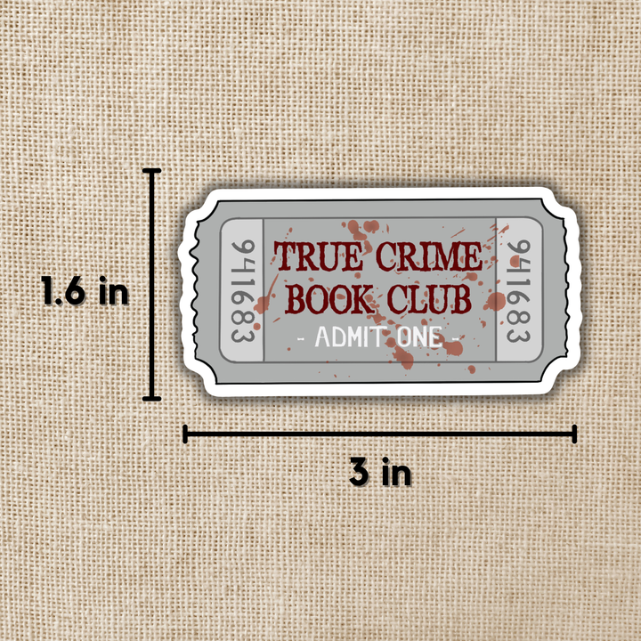 True Crime Book Club ticket design with dimensions on a textured beige background