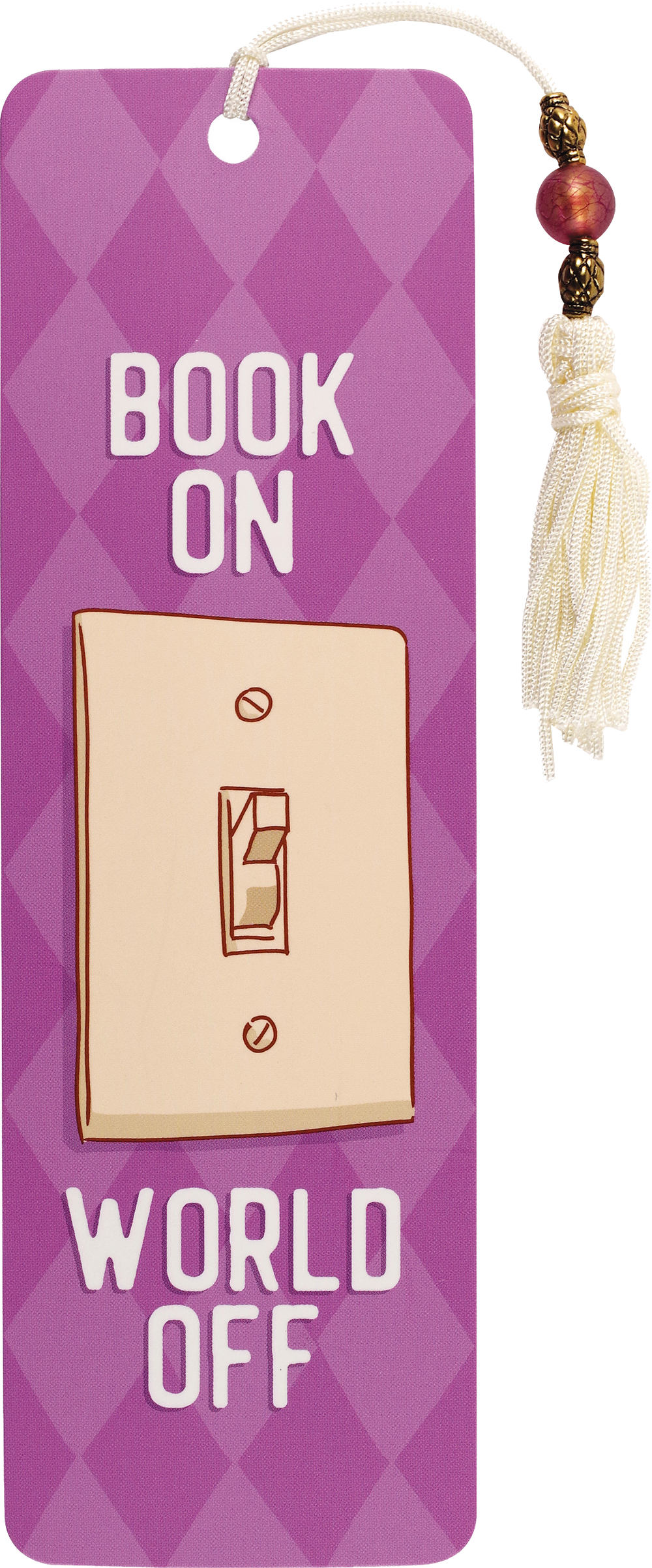 Bookmark with light switch design and text on a purple background