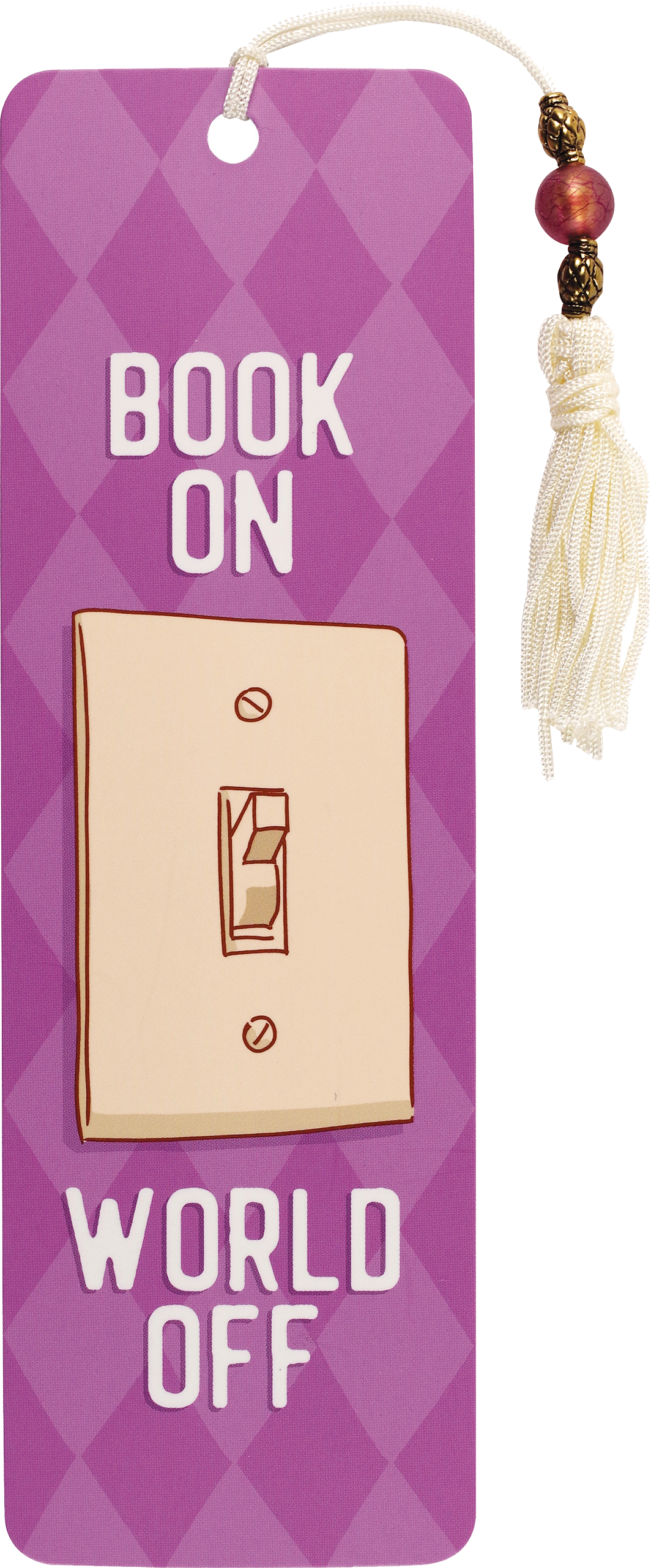 Bookmark with light switch design and text on a purple background