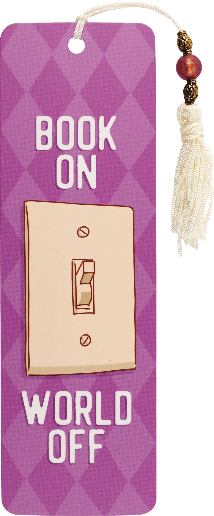 Bookmark with light switch design and text on a purple background