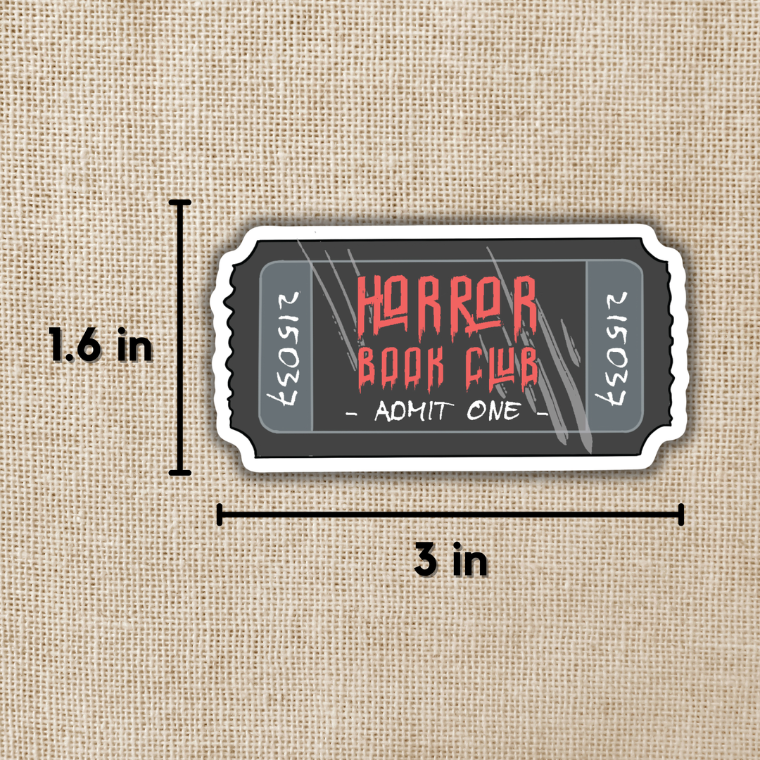 Horror Book Club ticket sticker with dimensions on a textured beige background