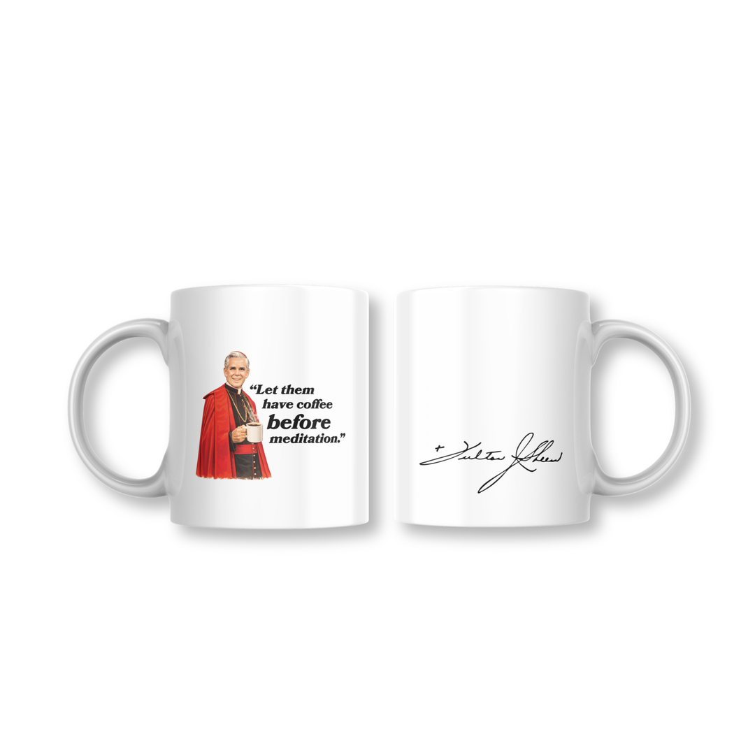 Two white mugs with a printed design and text on a white background