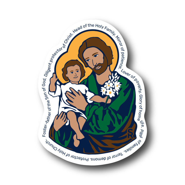 Circular sticker with a depiction of a man holding a child, surrounded by text on a white background.