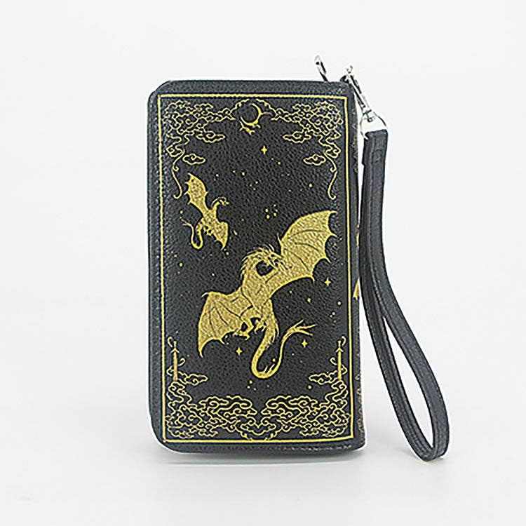 Black wallet with gold dragon design on a white background