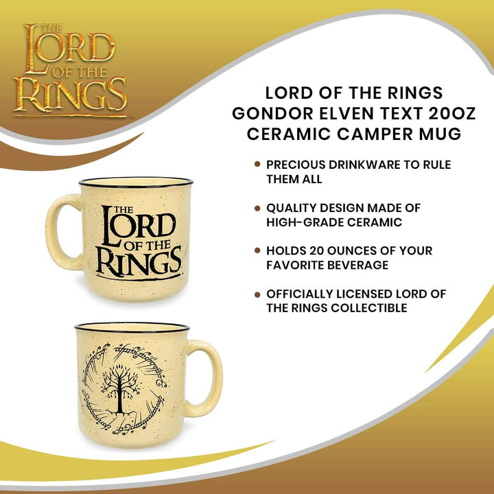 Lord of the Rings ceramic camper mug with text and branding on a white and gold background