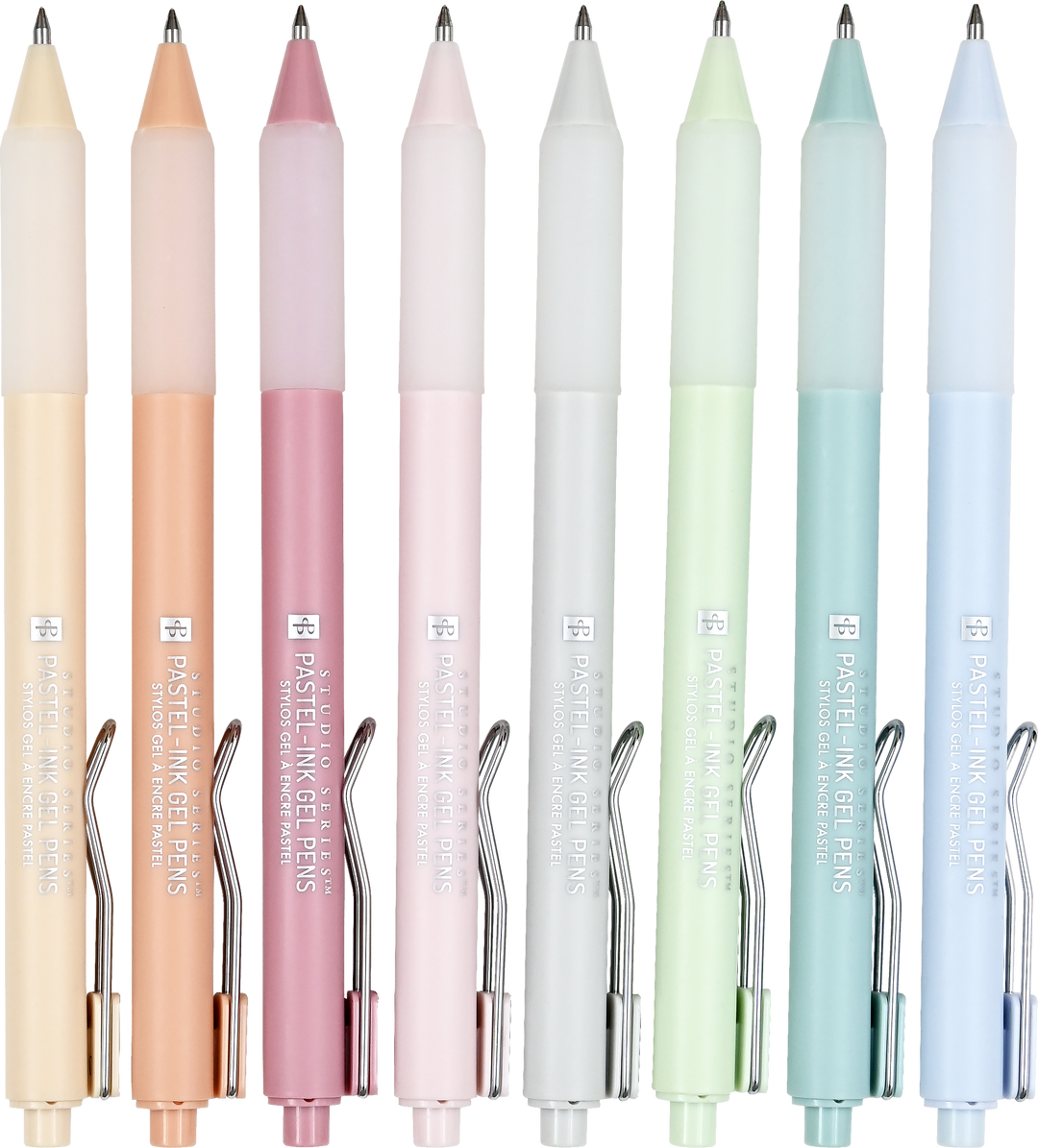 Set of pastel-colored pens with visible brand name on a white background