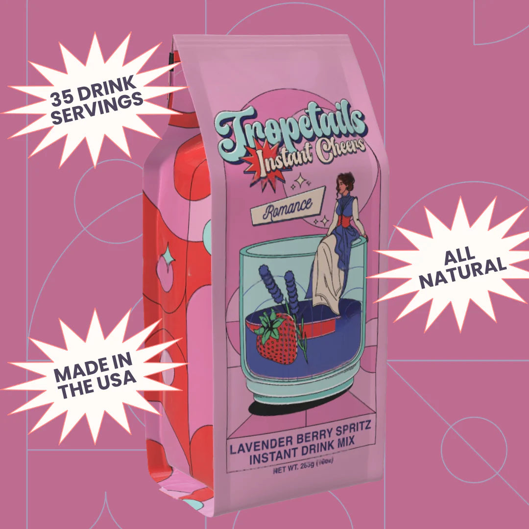 Tropetails Instant Cheer Instant Drink Mix package on a pink background with text about servings, origin, and ingredients.