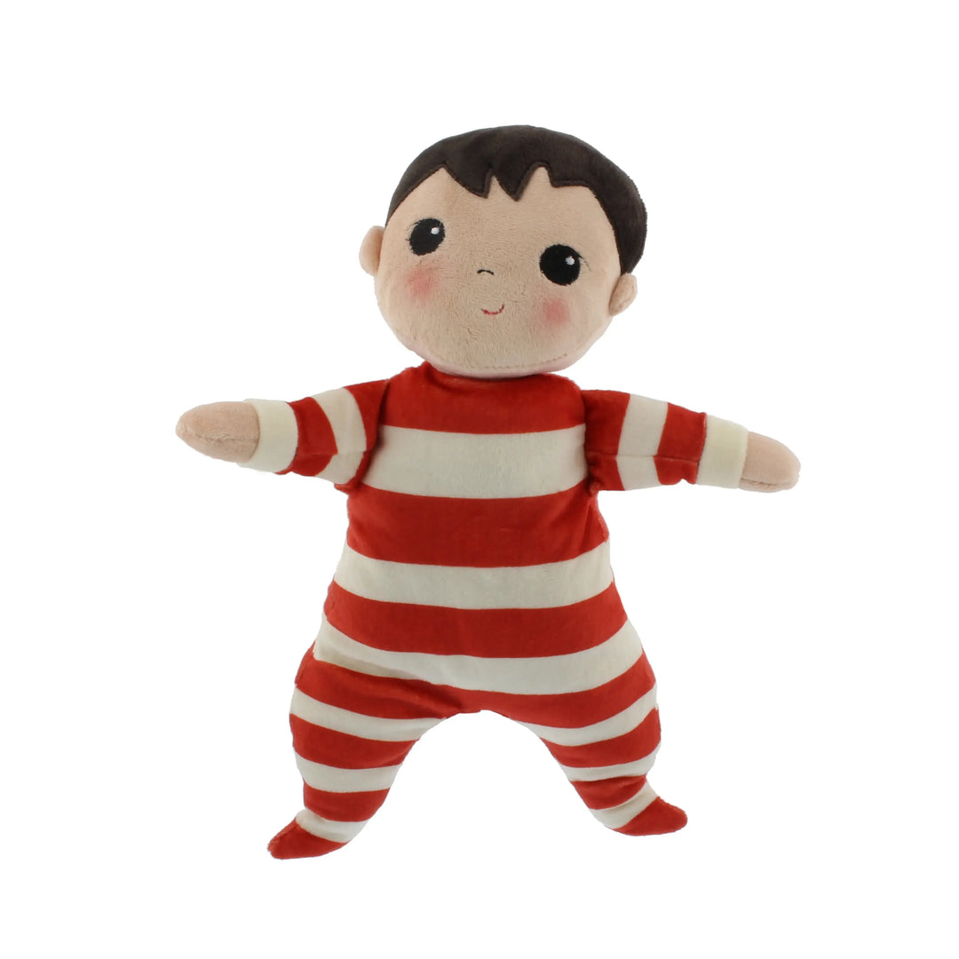 Plush toy of a child in red and white striped pajamas on a white background