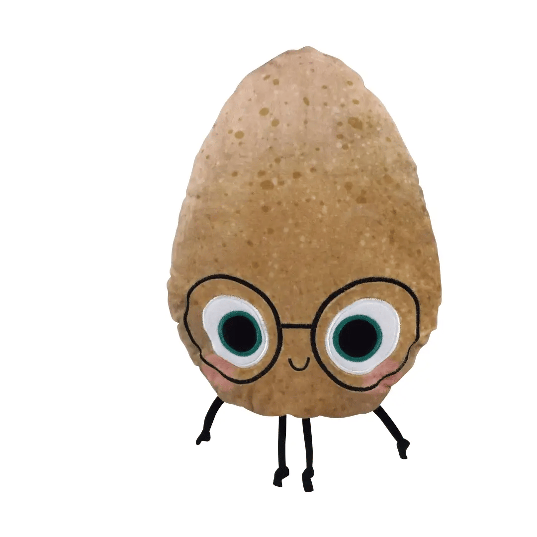 Plush toy shaped like an egg with googly eyes and black legs on a white background