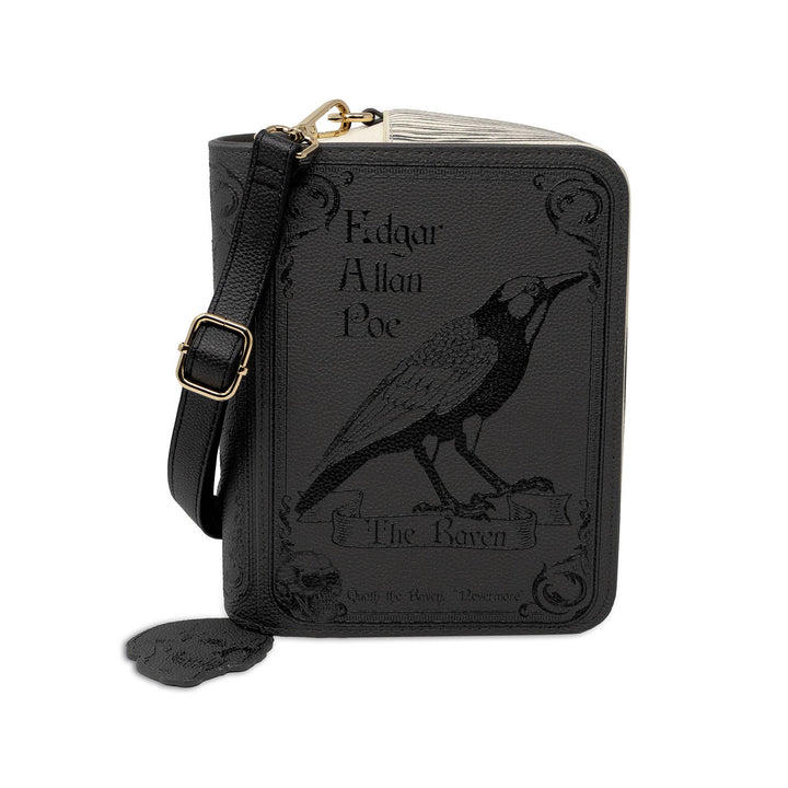 A black faux-leather crossbody wallet styled like a book cover for &