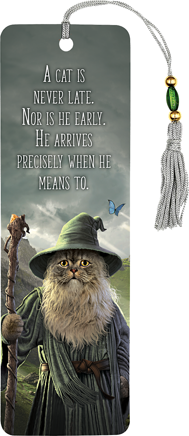 Cat in wizard costume with quote on a bookmark
