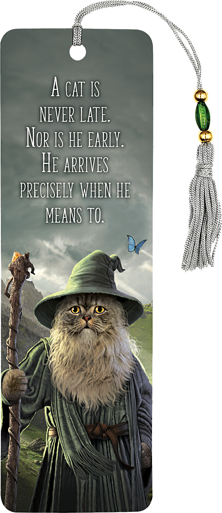 Cat in wizard costume with quote on a bookmark