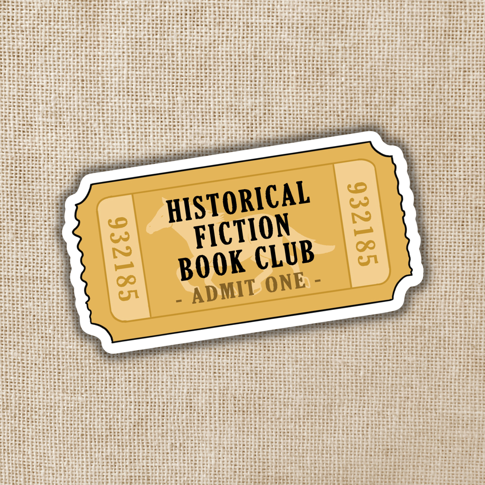 Ticket-style sticker for Historical Fiction Book Club on a textured beige background