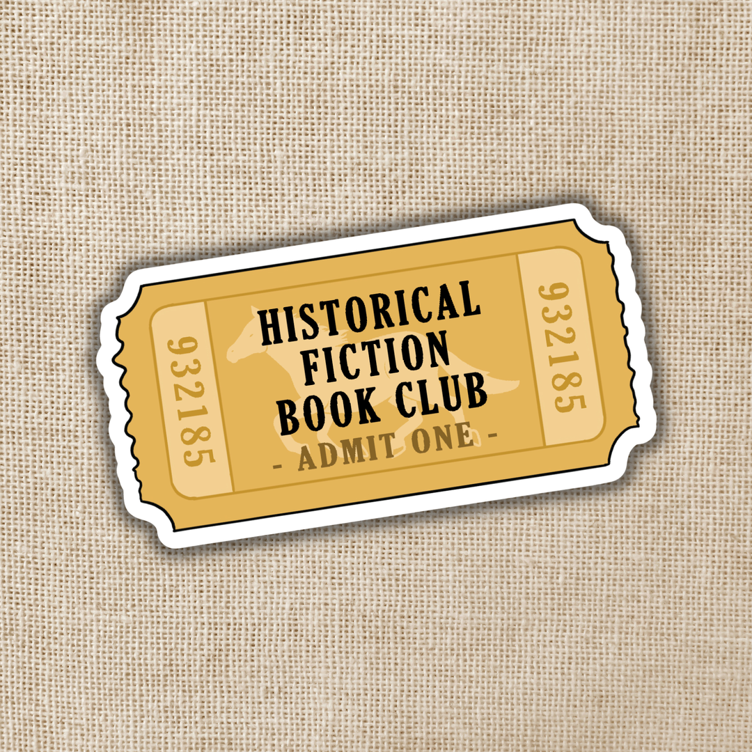 Ticket-style sticker for Historical Fiction Book Club on a textured beige background
