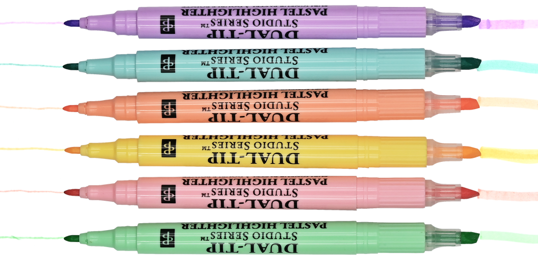 Set of pastel highlighters with visible brand names on a white background