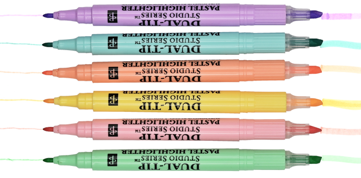 Set of pastel highlighters with visible brand names on a white background