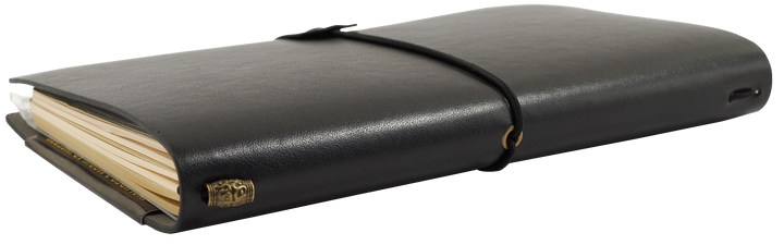 Black leather-bound notebook with a gold clasp on a white background