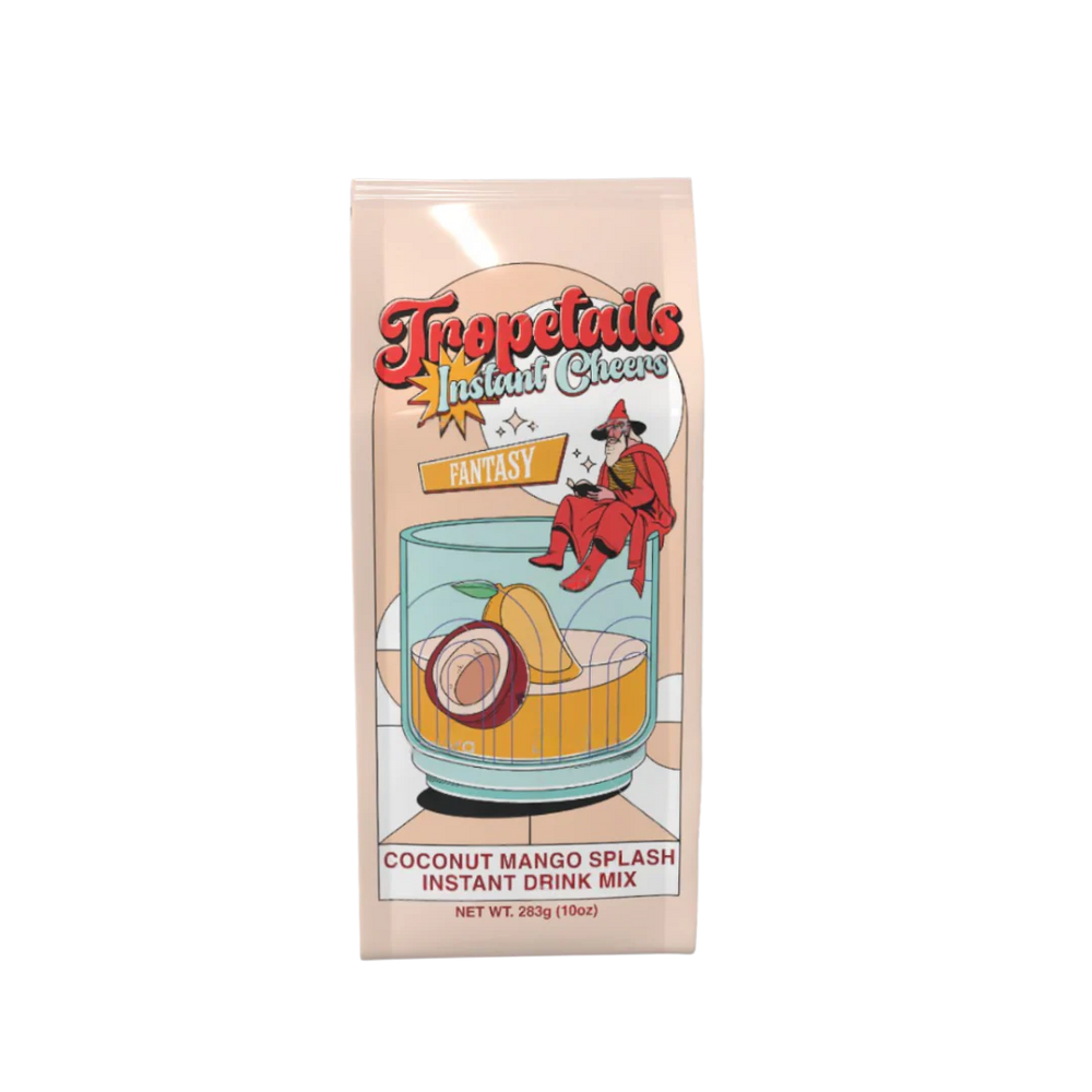 Tropetails Instant Cheese Fantasy Coconut Mango Splash instant drink mix package on a white background