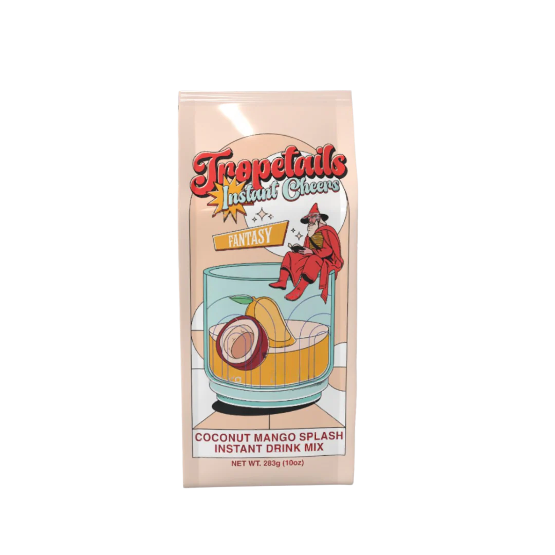 Tropetails Instant Cheese Fantasy Coconut Mango Splash instant drink mix package on a white background
