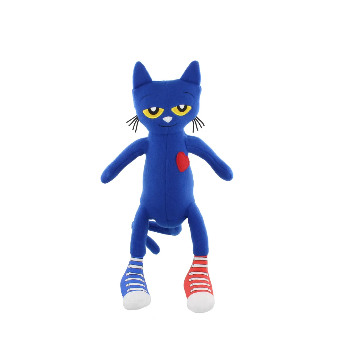 Blue plush cat toy with a red heart on a white background
