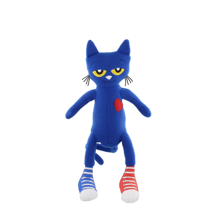 Blue plush cat toy with a red heart on a white background