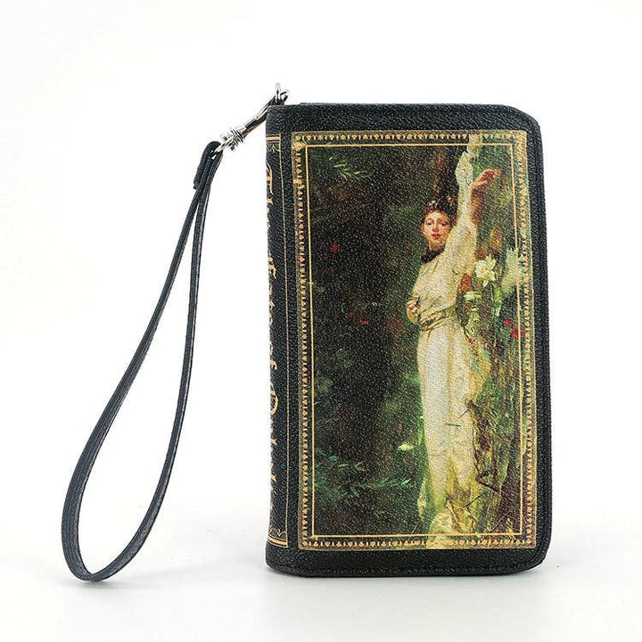 Wallet with a vintage-style design featuring a woman in a white dress on a black background