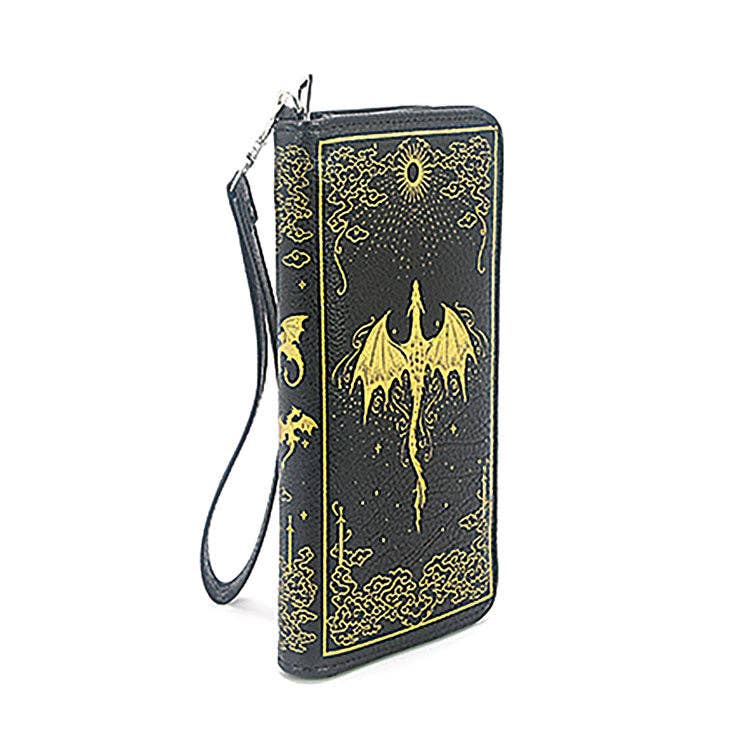 Black wallet with gold dragon design on a white background