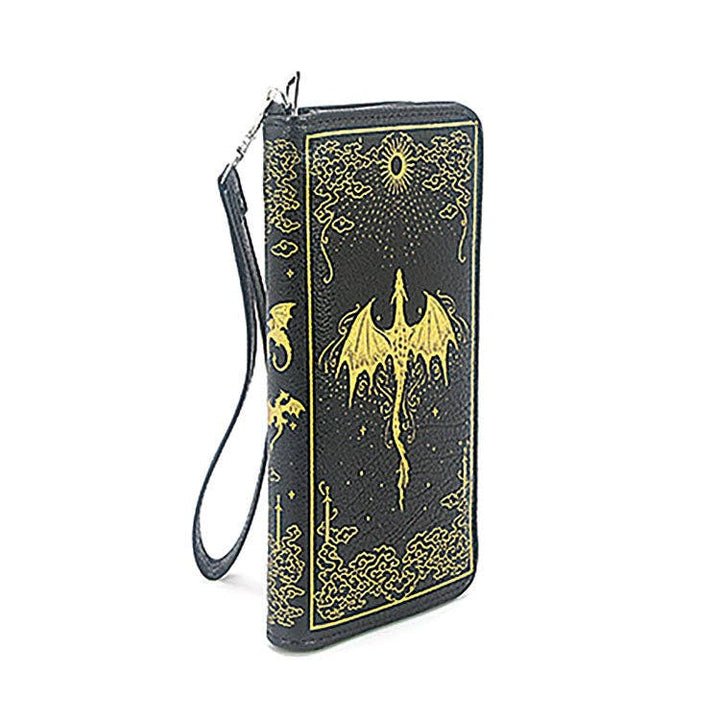 Black wallet with gold dragon design on a white background