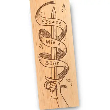 Wooden bookmark with a sword and snake design and 'Escape into a Book' text.