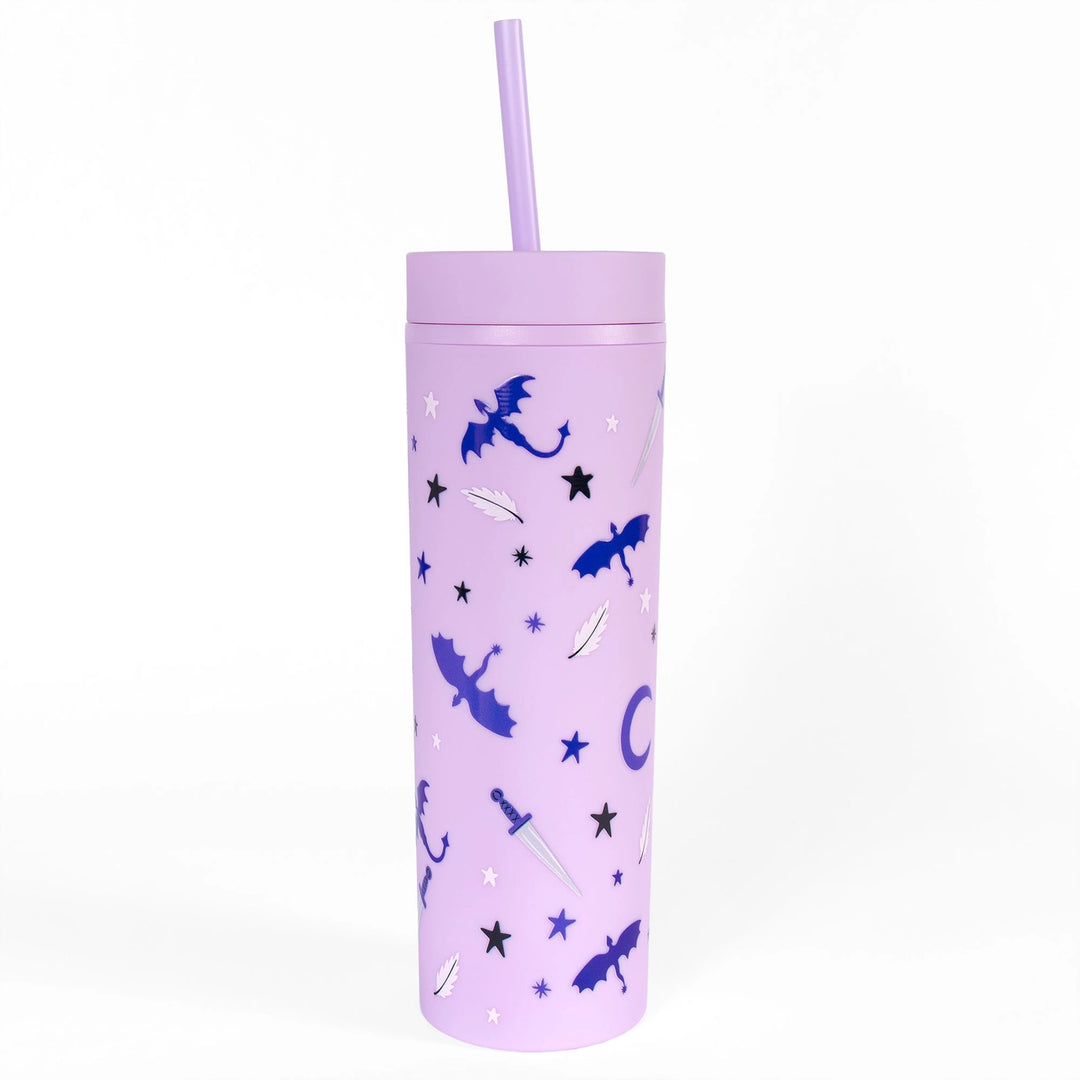 Purple tumbler with dragon and sword designs on a white background