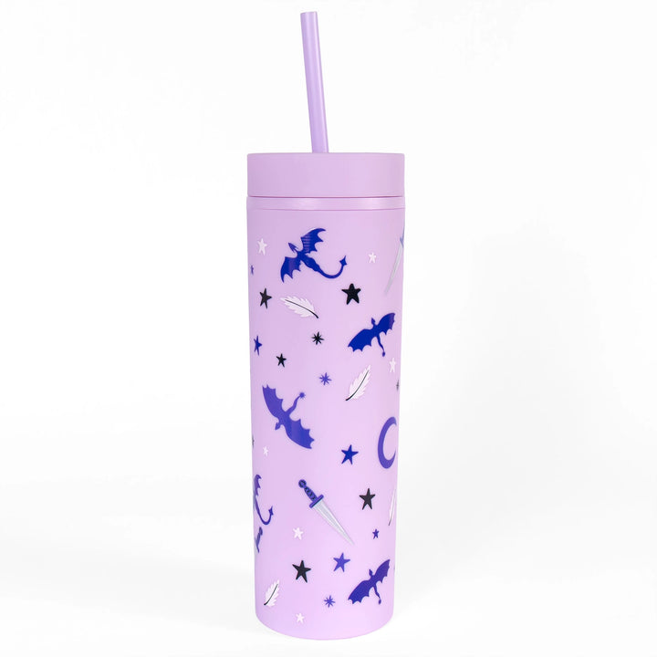 Purple tumbler with dragon and sword designs on a white background