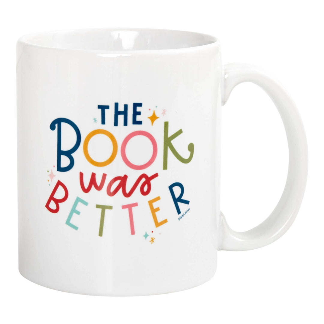 White mug with colorful text &