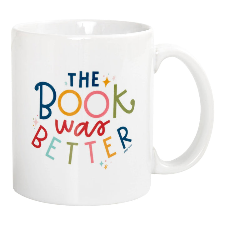 White mug with colorful text &