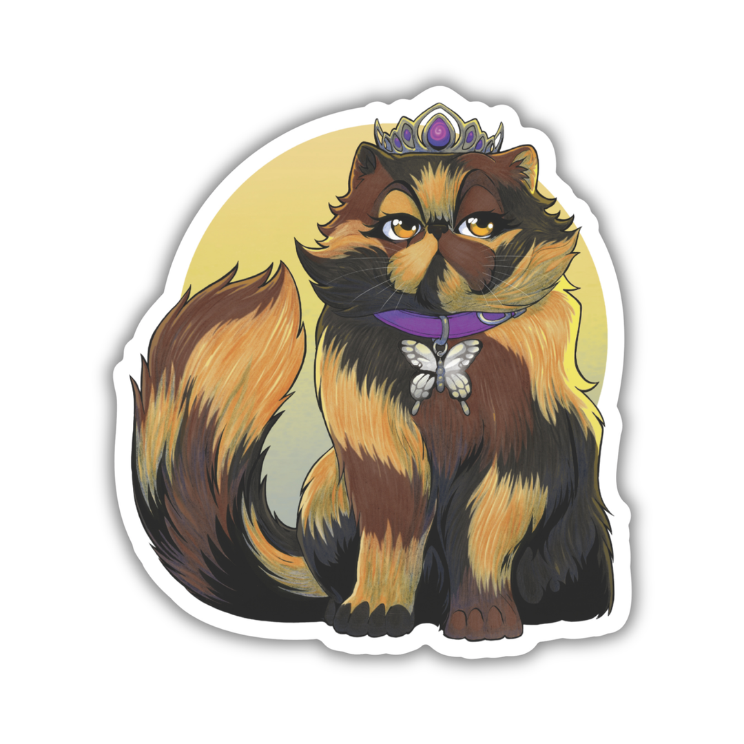Sticker of a stylized cat with a crown and butterfly collar on a white background