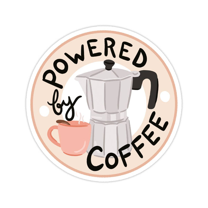 Circular sticker with a coffee pot and mug design, featuring the text &