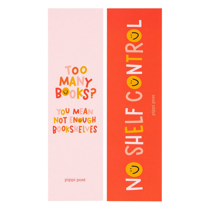 Two bookshelf bookmarks with humorous text and smiley faces on a white background.