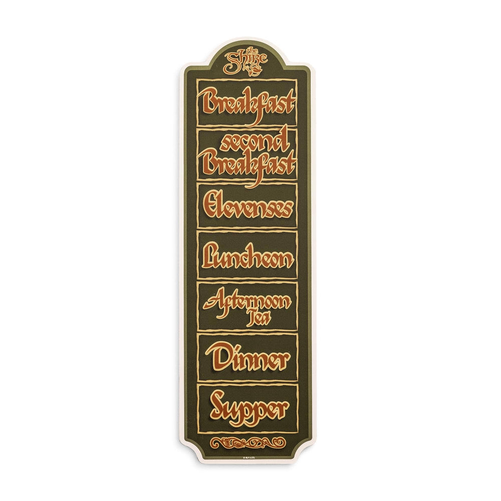 Decorative sign with text listing meals on a white background