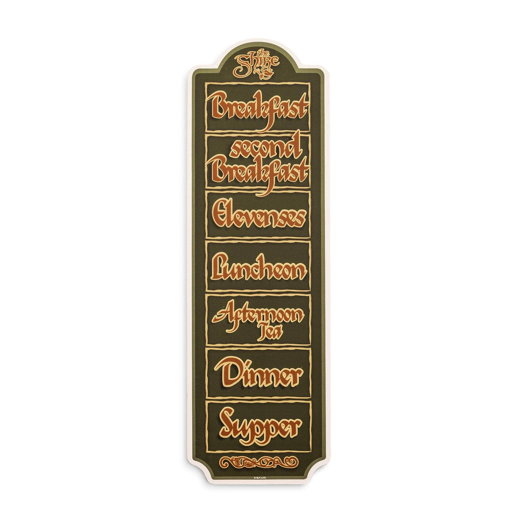 Decorative sign with text listing meals on a white background