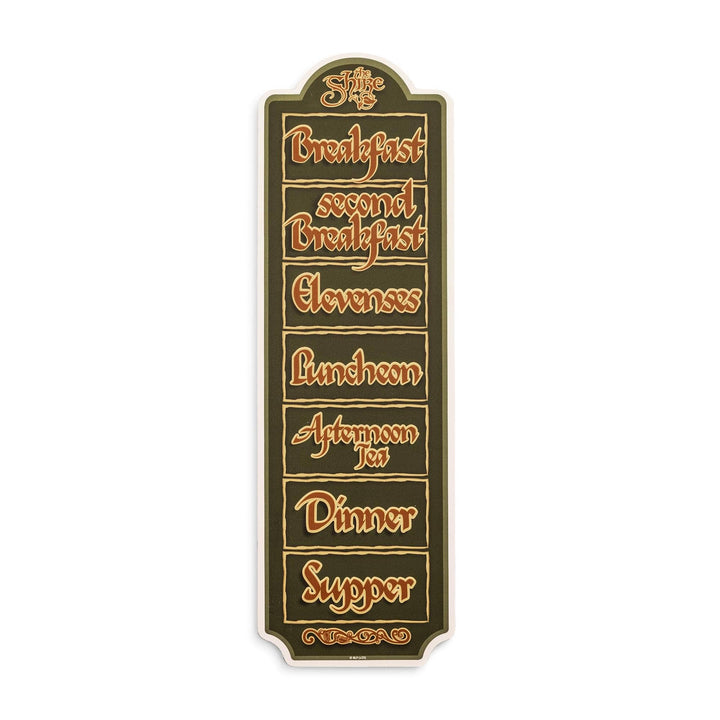 Decorative sign with text listing meals on a white background