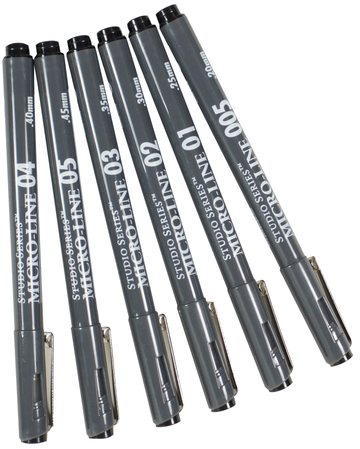 Set of Studio Series Micro-Line pens with various tip sizes on a white background