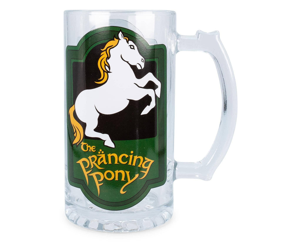 Clear mug with 'The Prancing Pony' logo featuring a white horse on a green background.