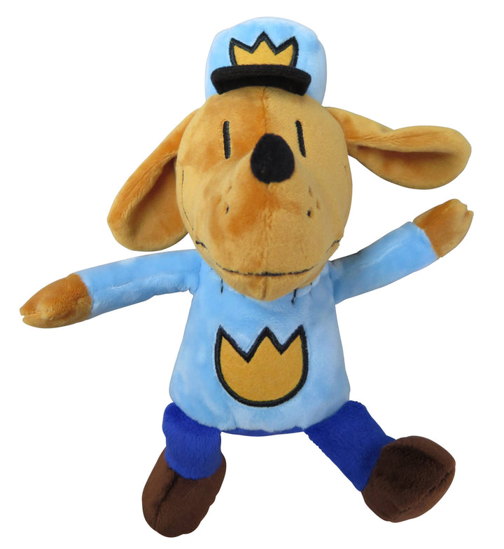 Plush toy resembling a dog in a blue outfit with a yellow emblem on a white background
