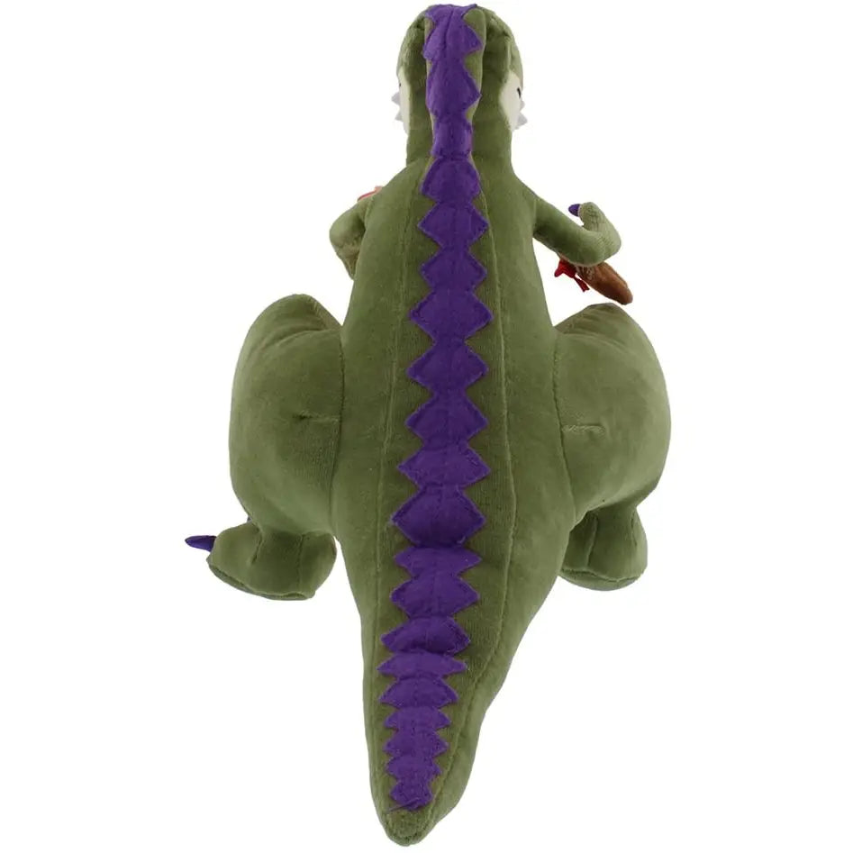 Back of plush toy dragon holding a pink blanket on a white background