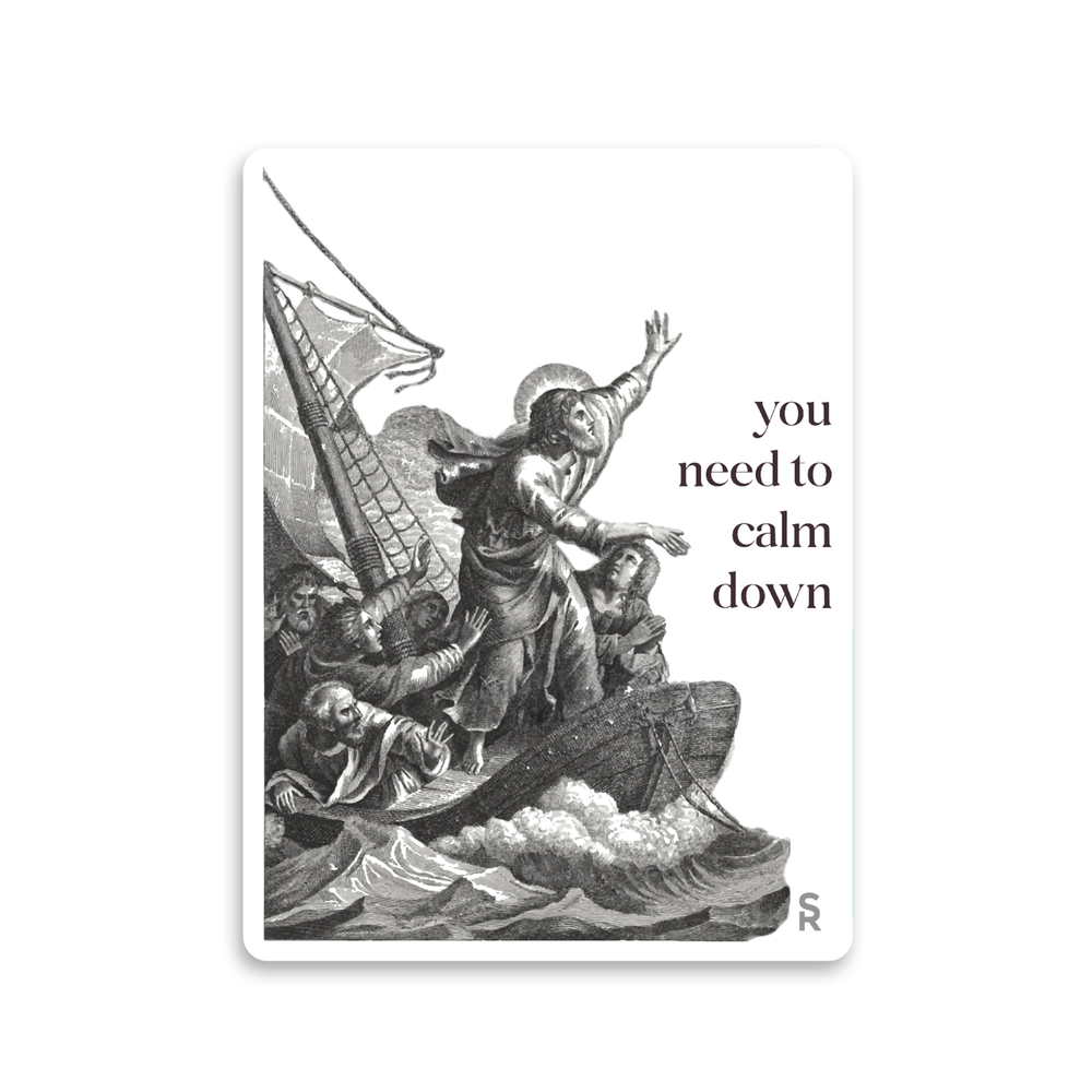 Vintage-style illustration of a person calming a stormy sea with text 'you need to calm down' on a white background.