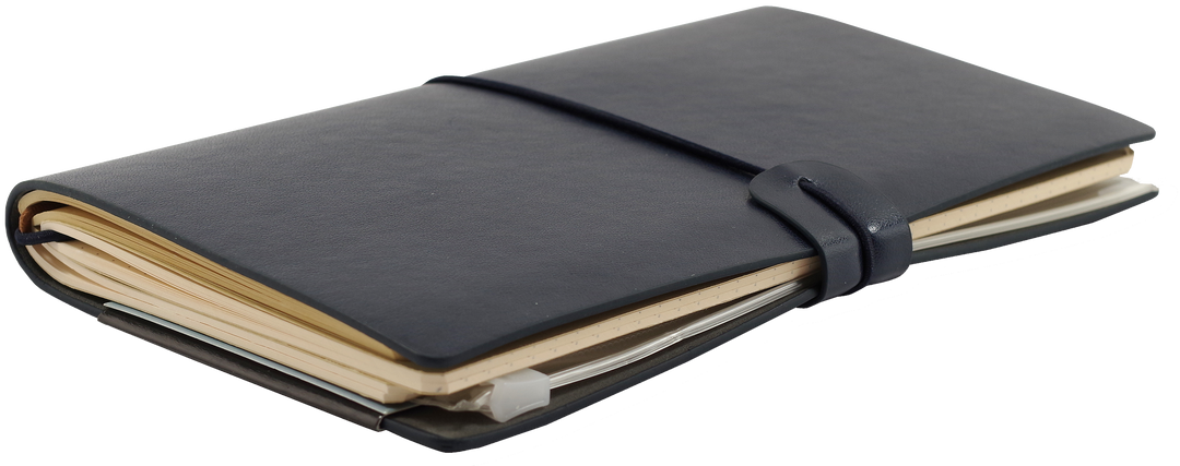 Navy leather notebook with a strap on a white background