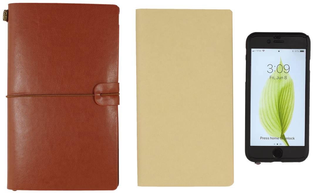 Brown leather notebook, beige cover, and smartphone with green leaf display on a white background